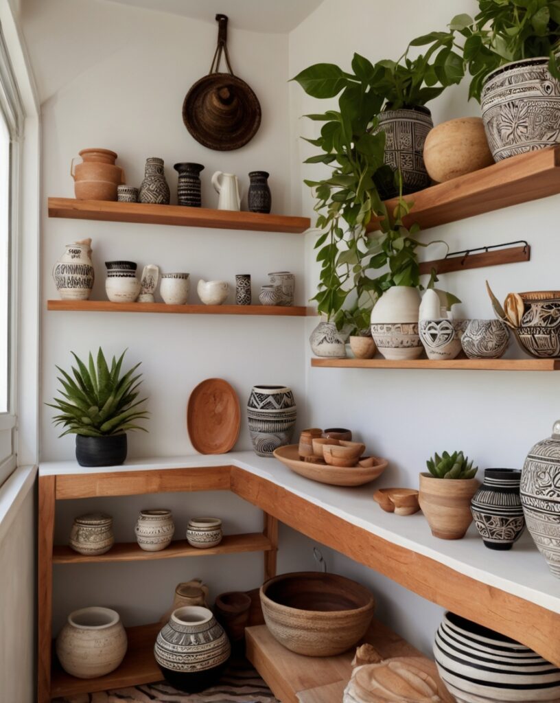 Floating Wood Shelves with Ceramic Collections