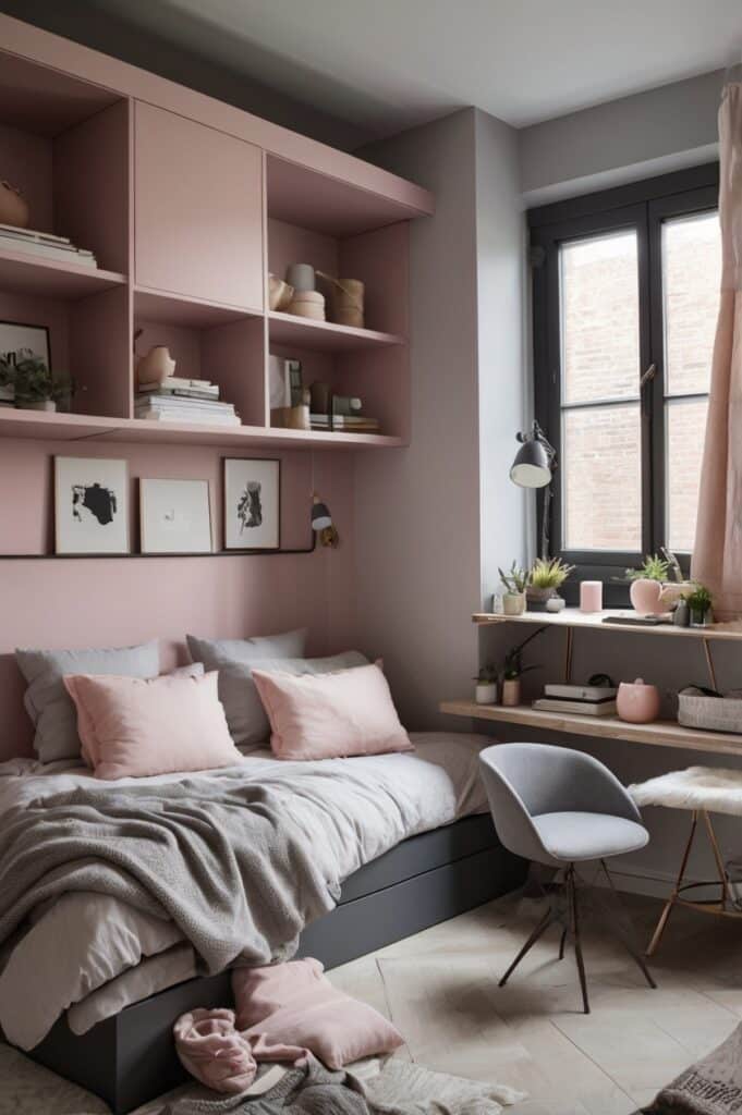 Baby Pink Closet Doors + Industrial Grey Desk Nook