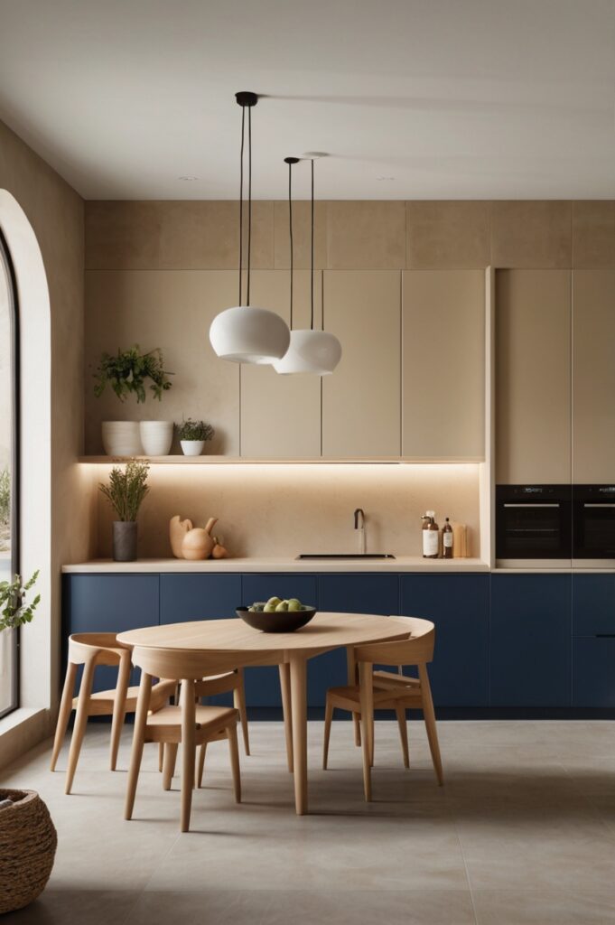 Beige Lacquered Cabinets + Blue Resin Countertops