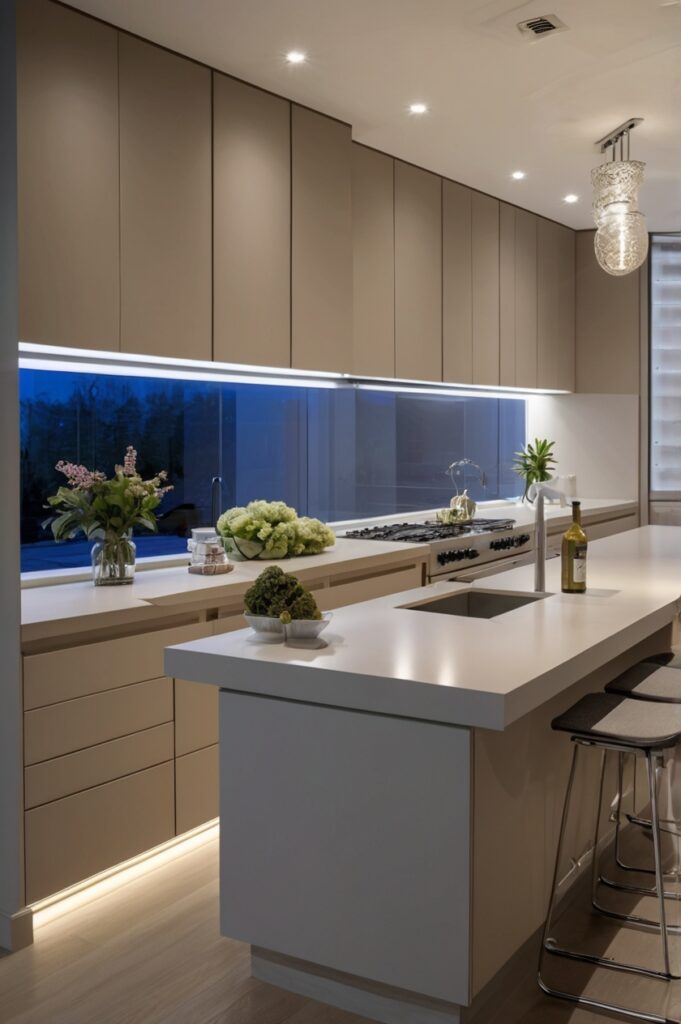 Beige Matte Cabinets with Blue LED Recessed Grooves