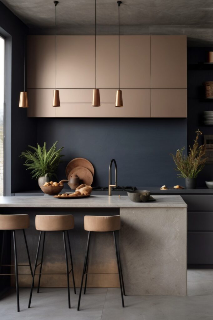 Beige Microcement Walls with Inky Blue Cabinets