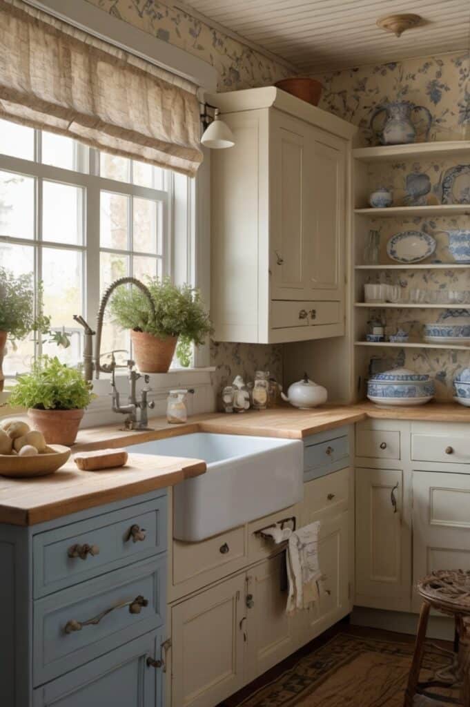 Blue Wallpaper with Hand-Drawn Florals & Beige