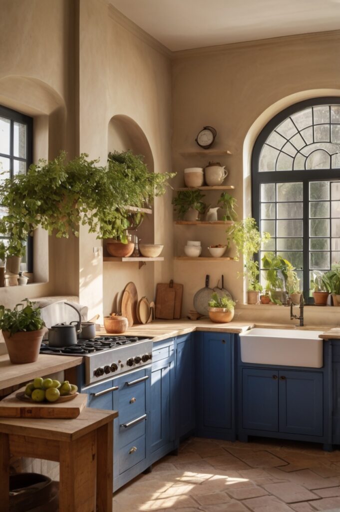 Blue Window Frames in a Beige Kitchen Shell