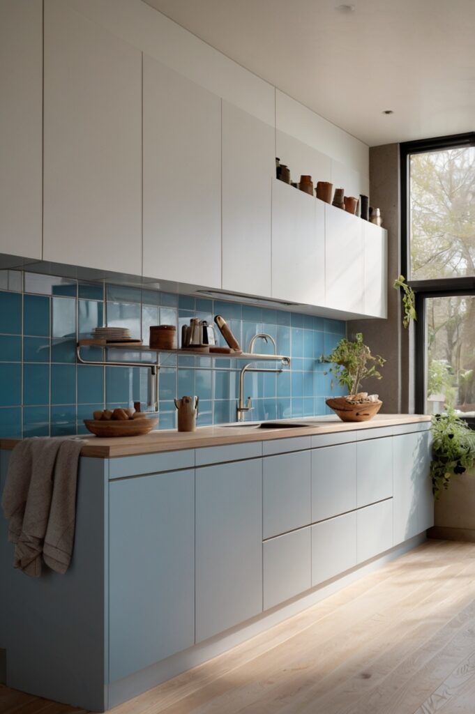 Cerulean Grid Backsplash with Beige