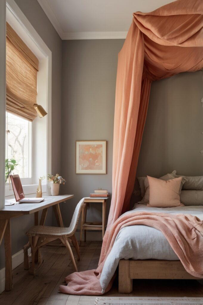 Coral-Pink Canopy + Slate Grey Bedding