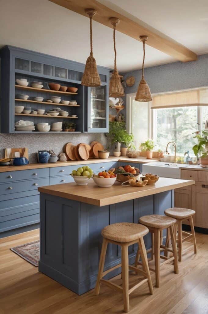 Denim-Washed Kitchen Island with Beige