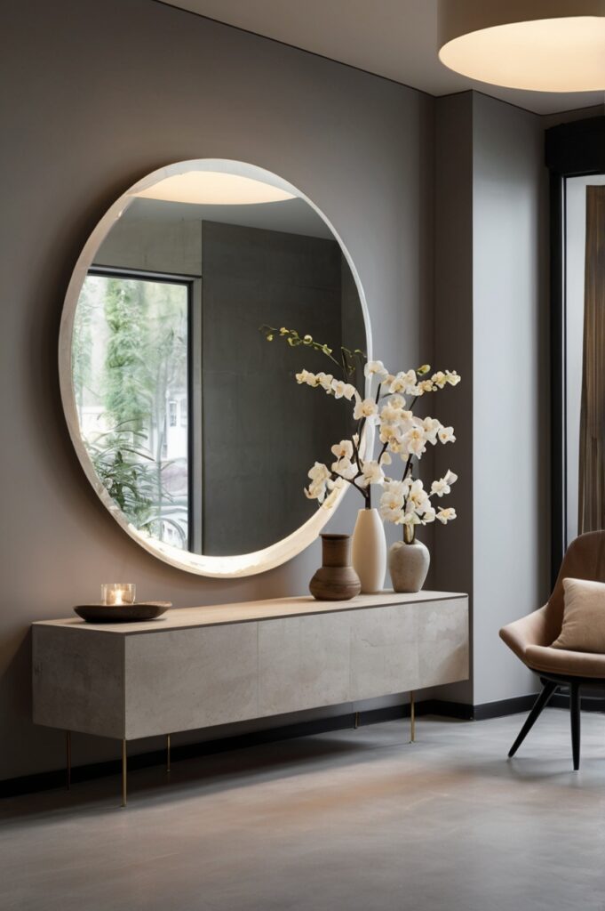 Floating Glass Console with Frosted Oval Mirror