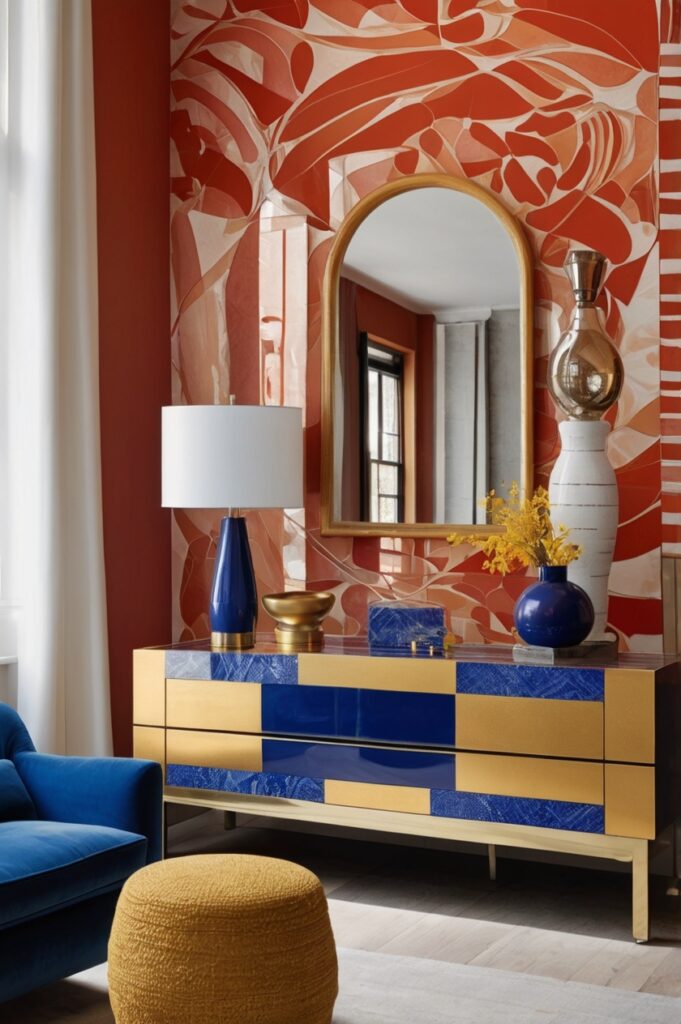 Arched Console in Bold Lacquer + Graphic Mirror Frame