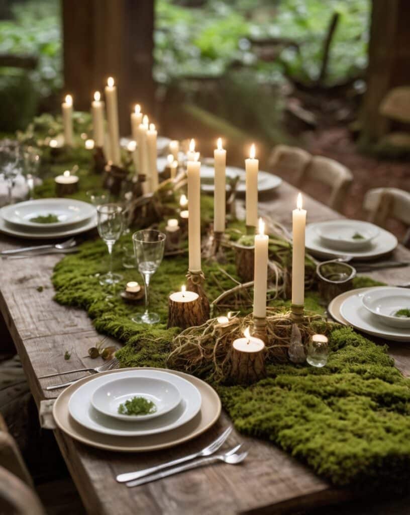 Moss Table Runner with Mini Fairy Doors