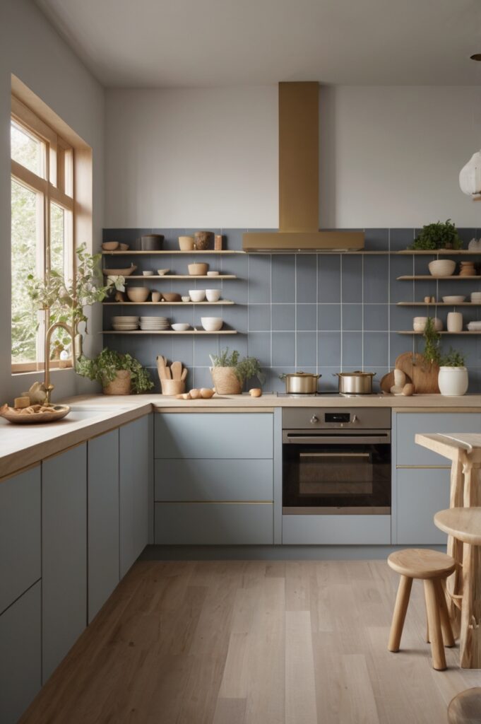 Muted Blue Subway Tiles + Blonde Wood Cabinets