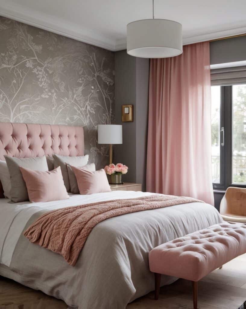 Pink Patterned Wallpaper & Light Grey Everything Else