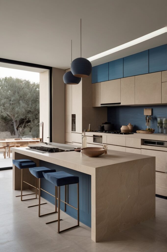 Sculptural Blue Light Fixtures Over Beige