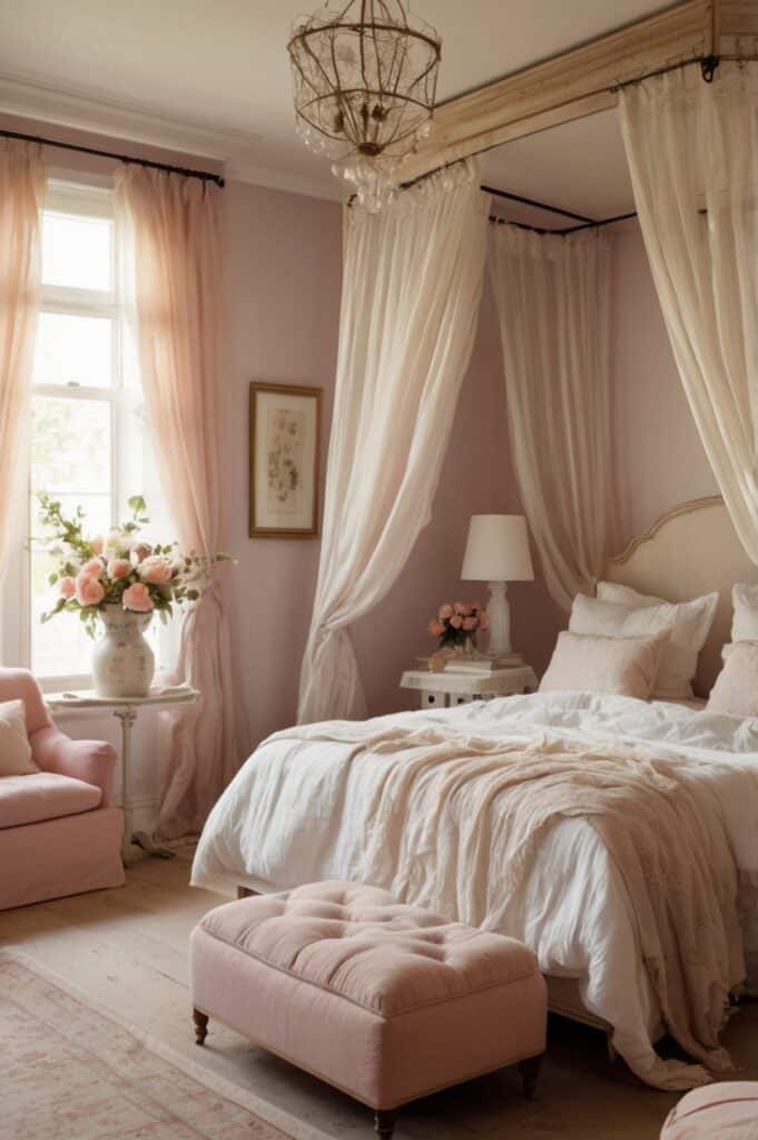 Soft Pink Canopy Bed with Sheer Drapes