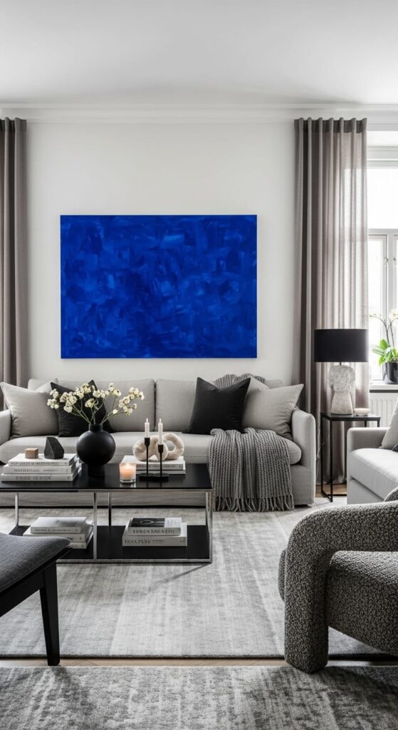 Steel Blue Accent Wall + Grey Modular Layout