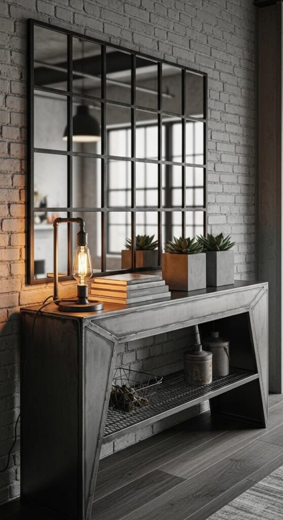 Industrial Iron Console with Grid Mirror Panel