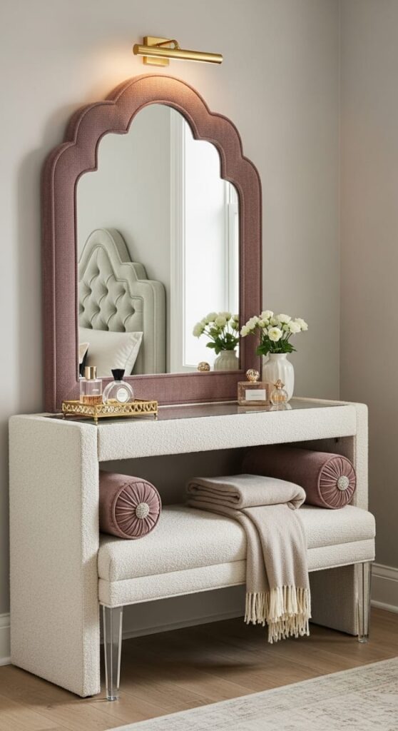 Upholstered Console Bench with Mirror as Headboard