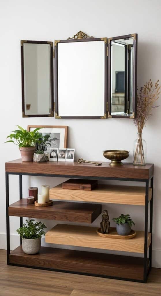 Layered Shelf Console + Folding Triptych Mirror